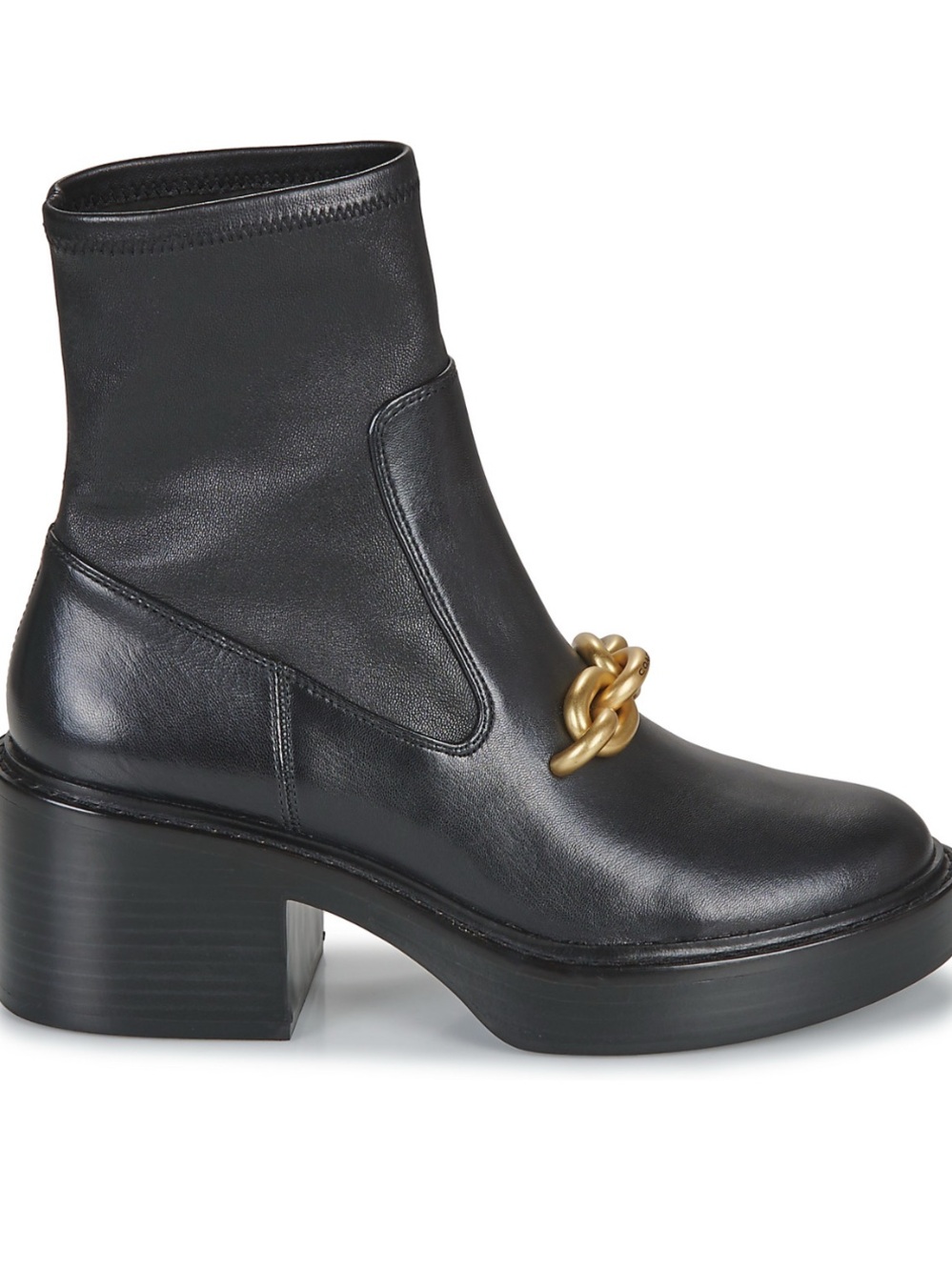 Coach Kenna Black Leather Ankle Boot with Gold Chain Accent - Picture 2 of 5